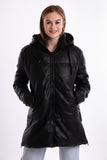 Puffer jacket with hood - black synthetic leather