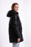 Puffer jacket with hood - black synthetic leather