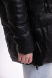 Puffer jacket with hood - black synthetic leather