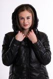 Puffer jacket with hood - black synthetic leather