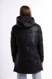 Puffer jacket with hood - black synthetic leather