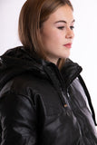 Puffer jacket with hood - black synthetic leather