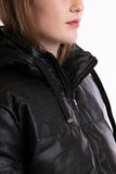 Puffer jacket with hood - black synthetic leather